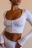 White Street Print Patchwork Buckle U Neck Long Sleeve Two Pieces