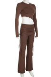 Brown Street Solid Bandage Patchwork Fold O Neck Long Sleeve Two Pieces