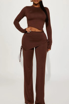 Brown Street Solid Bandage Patchwork Fold O Neck Long Sleeve Two Pieces