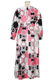 Pink Elegant Solid Patchwork V Neck A Line Plus Size Dresses