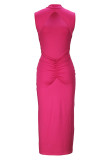 Rose Red Elegant Solid Patchwork Backless Fold O Neck Long Dress Dresses