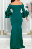 Green Elegant Solid Patchwork Slit Off the Shoulder Evening Dress Dresses