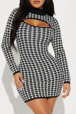 Black White Sexy Print Hollowed Out Patchwork O Neck Wrapped Skirt Dresses
