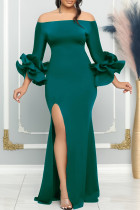 Green Elegant Solid Patchwork Slit Off the Shoulder Evening Dress Dresses