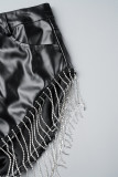 Black Sexy Solid Tassel Patchwork Pocket Buttons Zipper Skinny Low Waist Conventional Solid Color Bottoms