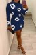 Deep Blue Street Print O Neck Wrapped Skirt Dresses