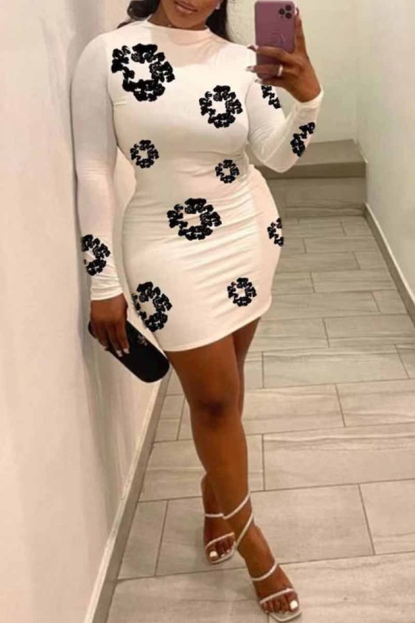 White Street Print O Neck Wrapped Skirt Dresses