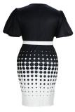 Black Elegant Print Bandage Patchwork O Neck Pencil Skirt Plus Size Dresses