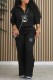 Black Casual Print Letter Zipper Collar Long Sleeve Two Pieces