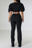 Black Casual Solid Patchwork V Neck Half Sleeve Two Pieces