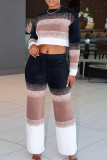 Black Casual Color Block Patchwork O Neck Long Sleeve Two Pieces
