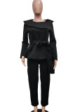 Black Street Solid Bandage Patchwork Buttons Asymmetrical Collar Long Sleeve Two Pieces