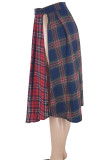 Red Blue Street Plaid Patchwork High Opening Loose High Waist Conventional Full Print Bottoms