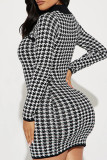 Black White Sexy Print Hollowed Out Patchwork O Neck Wrapped Skirt Dresses