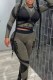 Army Green Sexy Street Print Letter O Neck Long Sleeve Two Pieces