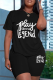 Black Casual Letter Print O Neck Plus Size Two Pieces