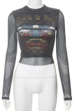 Dark Gray Casual Print Patchwork Tear See-through O Neck Tops