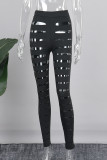 Black Sexy Solid Hollowed Out Patchwork Skinny High Waist Pencil Solid Color Bottoms