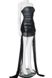 Black Sexy Solid Patchwork Fold Mesh Strapless Sheath Dresses