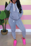 Grey Casual Solid Hooded Collar Plus Size