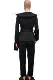 Black Street Solid Bandage Patchwork Buttons Asymmetrical Collar Long Sleeve Two Pieces