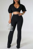 Black Casual Solid Patchwork V Neck Half Sleeve Two Pieces
