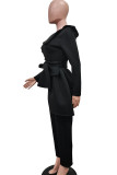 Black Street Solid Bandage Patchwork Buttons Asymmetrical Collar Long Sleeve Two Pieces