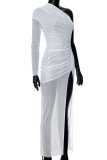 White Street Solid Patchwork See-through Mesh One Shoulder Long Dress Dresses