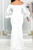 White Elegant Solid Patchwork Slit Off the Shoulder Evening Dress Dresses