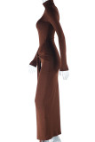 Dark Brown Street Solid Bandage Patchwork Turtleneck Long Dress Dresses