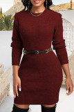 Burgundy Casual Solid Patchwork O Neck Wrapped Skirt Dresses