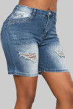 Blue Sweet Solid Ripped Patchwork Pocket Buttons Zipper Mid Waist Regular Denim Shorts