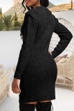Black Casual Solid Patchwork O Neck Wrapped Skirt Dresses