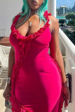 Red Sexy Solid Patchwork Asymmetrical Collar Irregular Dress Dresses
