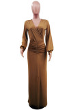 Coffee Elegant Solid Patchwork Slit Fold V Neck Long Dress Dresses