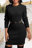 Black Casual Solid Patchwork O Neck Wrapped Skirt Dresses