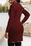 Burgundy Casual Solid Patchwork O Neck Wrapped Skirt Dresses