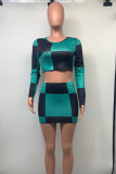 Green Sexy Color Block Patchwork Contrast O Neck Long Sleeve Two Pieces