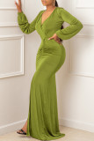 Purple Elegant Solid Patchwork Slit Fold V Neck Long Dress Dresses