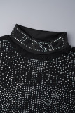 Black Sexy Hot Drilling Patchwork O Neck Long Sleeve Two Pieces