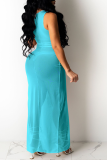 Light Blue Sexy Solid Hollowed Out O Neck Pencil Skirt Dresses
