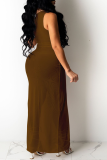 Coffee Sexy Solid Hollowed Out O Neck Pencil Skirt Dresses