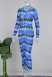 Blue Sexy Print Patchwork O Neck Long Dress Dresses