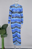 Blue Sexy Print Patchwork O Neck Long Dress Dresses