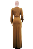 Brown Elegant Solid Patchwork Slit Fold V Neck Long Dress Dresses