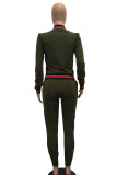 Army Green Street Patchwork Pocket Frenulum Contrast Zipper Zipper Collar Long Sleeve Two Pieces