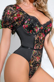 Black Sexy Print Lace Patchwork See-through Lingerie