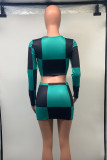 Green Sexy Color Block Patchwork Contrast O Neck Long Sleeve Two Pieces