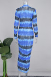 Blue Sexy Print Patchwork O Neck Long Dress Dresses