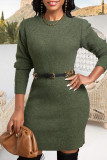 Army Green Casual Solid Patchwork O Neck Wrapped Skirt Dresses